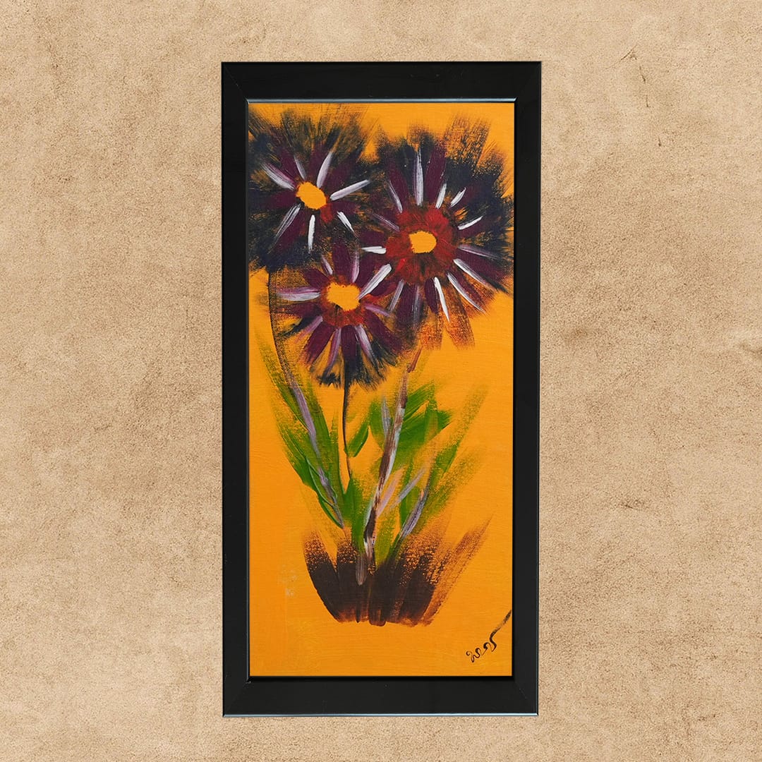 Bright floral painting on an orange ground